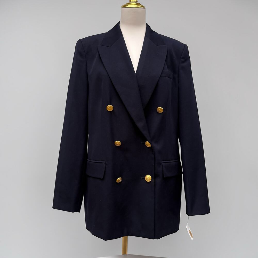 VTG Talbots Blazer 12L Navy Blue Pure Wool Double Breasted Peak Lapel NEW Preppy